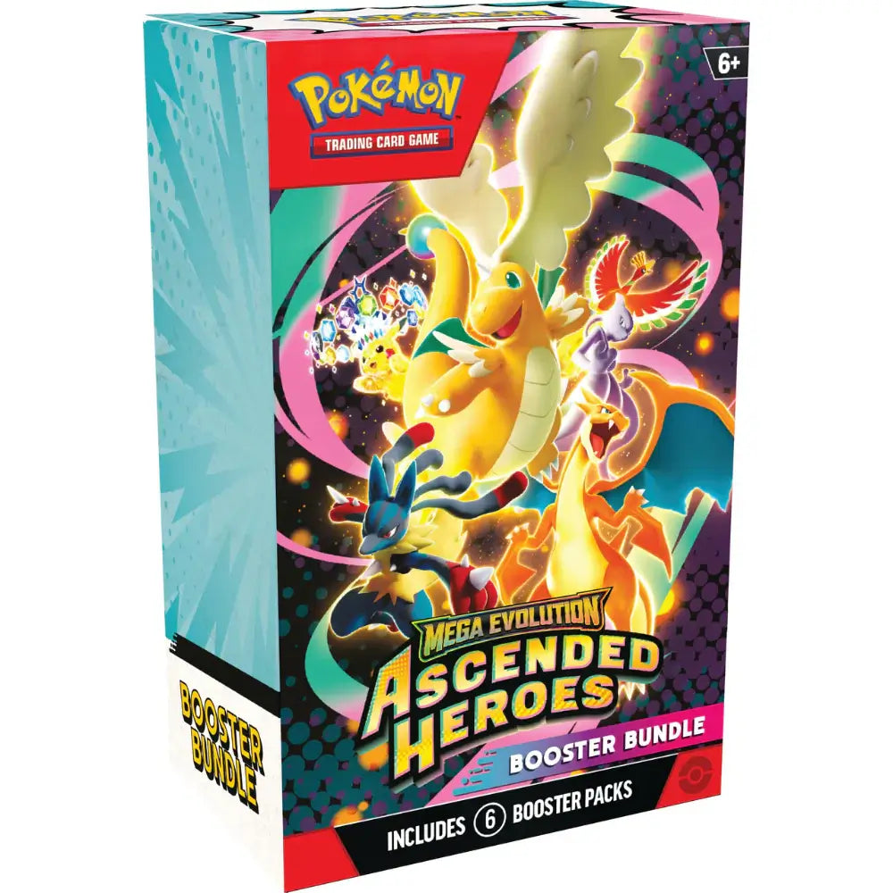Sealed image of the Pokémon TCG: Mega Evolution—Ascended Heroes Booster Bundle featuring Mega Dragonite ex and Mega Gengar ex art, containing 6 booster packs.